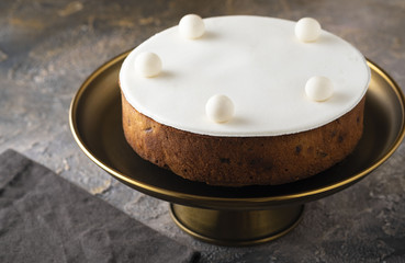 Christmas fruit cake, pudding on plate. Christmas concept. Copy space.