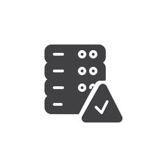 Computer server with check mark vector icon. filled flat sign for mobile concept and web design. Data server checked solid icon. Symbol, logo illustration. Pixel perfect vector graphics