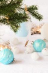 Blure effect Christmas background. Xmas composition of New Year's Christmas balls. Winter holiday concept.
