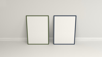 Blank white poster in colorful frame standing on the floor