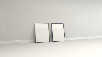 Blank white poster in colorful frame standing on the floor
