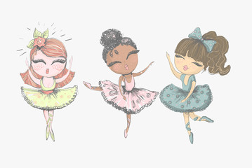 Little fashionable beautiful ballerina girls multicultural set dancing isolated on white