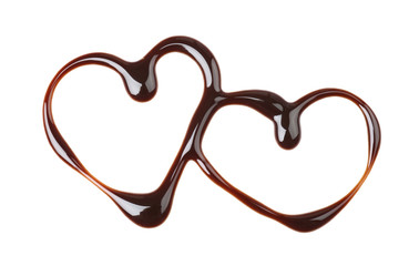 Hearts made of melted chocolate on white background
