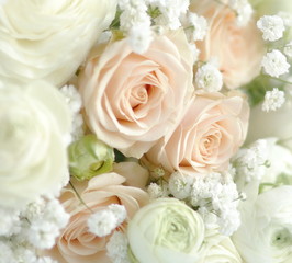 Blur effect, soft focus flowers background with bouquet of pale pink  roses.Close up. Beautiful Holiday background