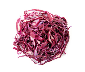 Pile of chopped red cabbage on white background, top view