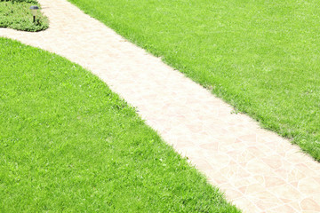 Green lawn in beautiful English style garden on sunny day