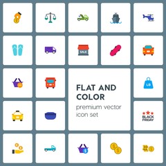 Modern Simple Set of transports, clothes, money, shopping Vector flat Icons. Contains such Icons as  market, friday, truck,  travel,  auto and more on grey background. Fully Editable. Pixel Perfect