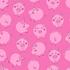 Seamless pattern with cute cartoon pink pigs on dark pink background.