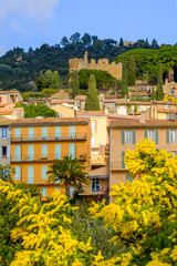 Vue sur le village et le château de Bormes les Mimosas. Photo verticale. Provence, France. Photo verticale.