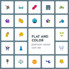 Modern Simple Set of transports, clothes, money, shopping Vector flat Icons. Contains such Icons as  wheelbarrow, euro,  light,  carrier, tag and more on grey background. Fully Editable. Pixel Perfect