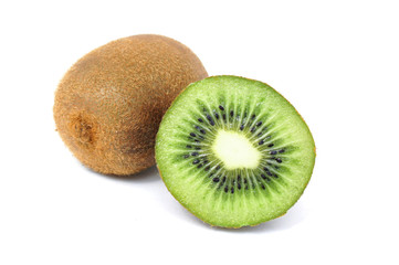 Kiwi whole and half on a white background.  