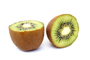Naklejka na ściany i meble Two halves of kiwi fruit on white background. Close up.