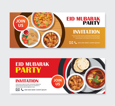 Eid Mubarak party invitations greeting card and banner with food background. Ramadan Kareem vector illustration. Use for cover, poster, flyer, brochure, label, voucher, sale template.