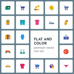 Modern Simple Set of transports, clothes, money, shopping Vector flat Icons. Contains such Icons as  currency, basket, increase,  white, car and more on grey background. Fully Editable. Pixel Perfect