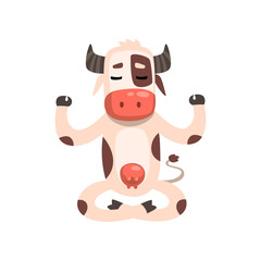 Cow sitting in lotus pose, funny farm animal cartoon character practicing yoga vector Illustration on a white background