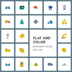 Modern Simple Set of transports, clothes, money, shopping Vector flat Icons. Contains such Icons as  circle,  hook,  currency,  hat,  dollar and more on grey background. Fully Editable. Pixel Perfect