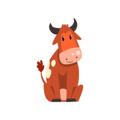 Cute brown spotted cow sitting on the ground, funny farm animal cartoon character vector Illustration on a white background