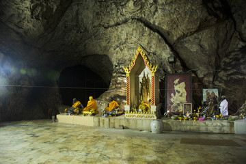 Many buddha and god and angel and hermit statue in cave at Wat Khao Orr in Phatthalung, Thailand.