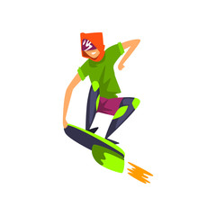Man in futuristic clothing flying with jet skateboard, technology of the future vector Illustration on a white background