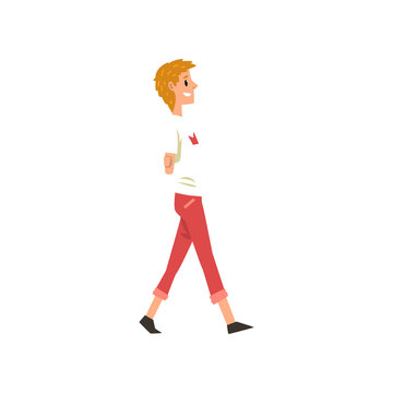 Young man walking, active healthy lifestyle concept cartoon vector Illustration on a white background