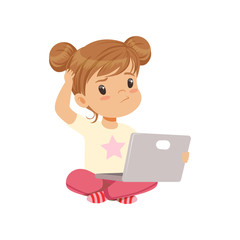 Sweet little girl character using laptop while sitting on the floor vector Illustration on a white background