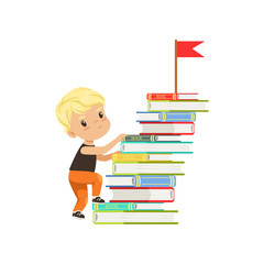 Cute little boy character climbing stairs made of books vector Illustration on a white background