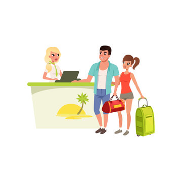 Young tourist couple at hotel reception desk with smiling receptionist, people traveling together during summer vacation vector Illustration