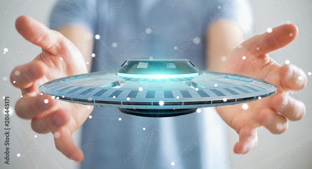 Poster Businessman with retro UFO spaceship 3D rendering