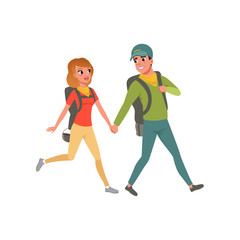 Fototapeta na wymiar Young couple walking with backpacks, man and woman traveling together during summer vacation vector Illustration on a white background