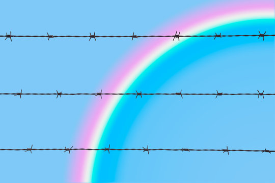A rainbow in the sky beyond a barbed wire, symbolizes the freedom beyond the confinement. Concept for solutions beyond obstacles. Concept for freedom and prison, the good and the evil