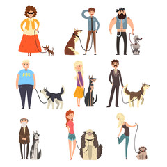 People walking with their dogs set, owners and their pets vector Illustration on a white background