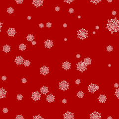 Seamless snow pattern. Simple vector white snowflakes on a red background. Winter illustration snow.
