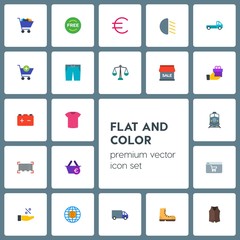 Modern Simple Set of transports, clothes, money, shopping Vector flat Icons. Contains such Icons as  market, vest,  t-shirt,  food,  euro and more on grey background. Fully Editable. Pixel Perfect