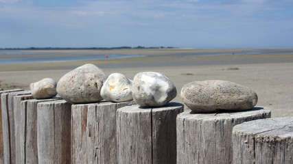 Strand, maritime Dekoration: Steine auf Holzpfosten, Buhnen im Wattenmeer