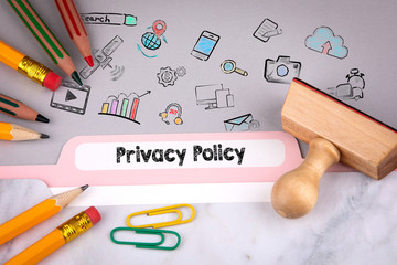 Privacy Policy concept, illustration and icons. Folder Register on desk