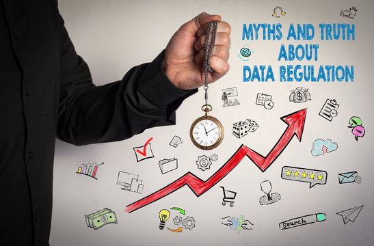 Myths and the about data regulation, General Data Protection Regulation, GDPR concept. Red Arrow and Icons Around. Man holding chain clock on white background - Powered by Adobe