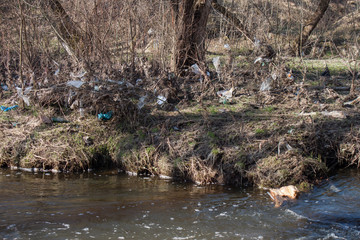 Plastic and polystyrene packaging near the river