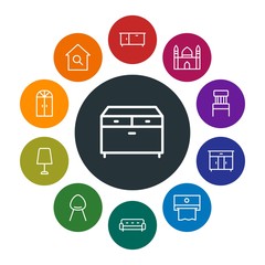 buildings, furniture, housekeeping Infographic Colorful outline Icons Set. Contains such Icons as  house,  wardrobe,  storage,  couch,  chair,  clothes, islam and more. Fully Editable. Pixel Perfect