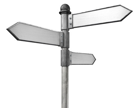 3D illustration of crossroads signpost indicating travel or indecision