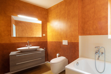 Bathroom with modern finishes and orange walls