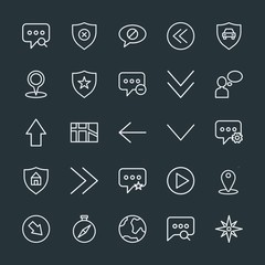 Modern Simple Set of location, arrows, chat and messenger, security Vector outline Icons. Contains such Icons as right,  planet,  left,  up and more on dark background. Fully Editable. Pixel Perfect.