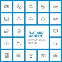 Modern Simple Set of cloud and networking, security, video, photos Vector outline Icons. Contains such Icons as  scenery, money,  wealth,  cd and more on dark background. Fully Editable. Pixel Perfect