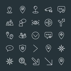 Modern Simple Set of location, arrows, chat and messenger, security Vector outline Icons. Contains such Icons as  up, security,  video,  sms and more on dark background. Fully Editable. Pixel Perfect.