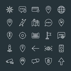 Modern Simple Set of location, arrows, chat and messenger, security Vector outline Icons. Contains such Icons as  eye,  remove,  credit,  up and more on dark background. Fully Editable. Pixel Perfect.
