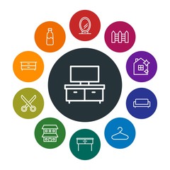 buildings, furniture, housekeeping Infographic Colorful outline Icons Set. Contains such Icons as  mirror,  business, drawer,  video,  architecture, sofa,  desk and more. Fully Editable. Pixel Perfect