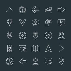 Modern Simple Set of location, arrows, chat and messenger, security Vector outline Icons. Contains such Icons as  globe,  north,  white,  up and more on dark background. Fully Editable. Pixel Perfect.