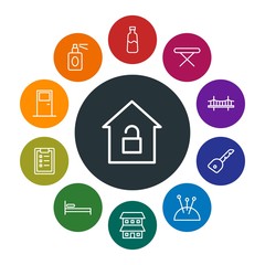 buildings, furniture, housekeeping Infographic Colorful outline Icons Set. Contains such Icons as  concept, spray,  key,  modern,  housework,  duplex, list, bed and more. Fully Editable. Pixel Perfect