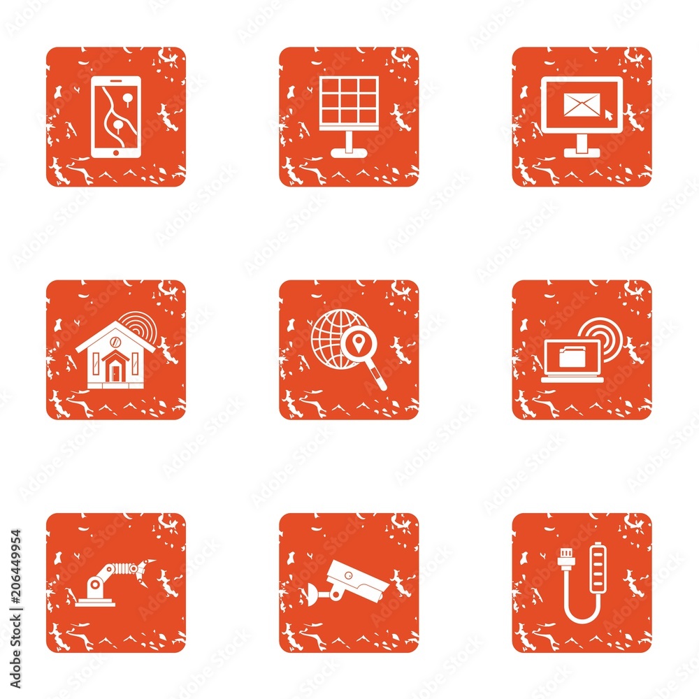Poster tech email icons set. grunge set of 9 tech email vector icons for web isolated on white background