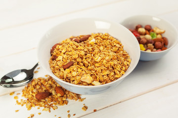 Food background of fresh baked homemade granola in bowl