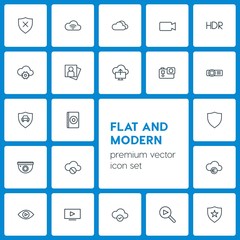 Modern Simple Set of cloud and networking, security, video, photos Vector outline Icons. Contains such Icons as  cd,  security,  movie,  view and more on dark background. Fully Editable. Pixel Perfect